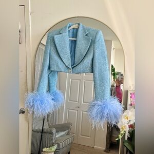 Bronx & Banco Kacey Blue Silver Sequin Embellished Tweed Cropped Blazer XS NWOT